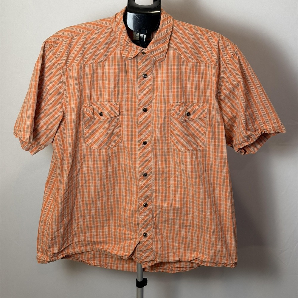 Cabela's Shirt Mens XL Orange Plaid Short Sleeve Button‎ Up Pockets Outdoor